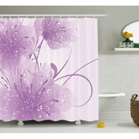 Abstract Art Shower Curtain Purple Shower Curtain, Abstract Art Style Vector Illustration of Flower Background with Butterfly, Fabric Bathroom Set with Hooks, Violet and White, by Ambesonne ()