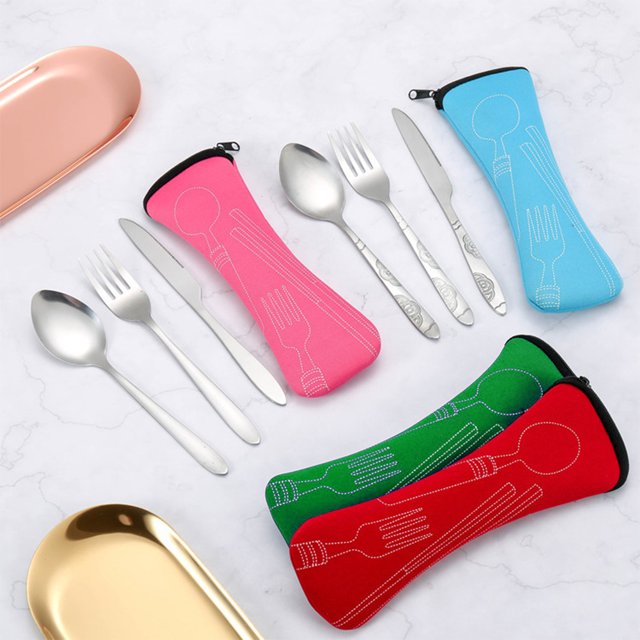 Juego de cubiertos de 4 piezas de acero inoxidable para cortador, tenedor, cuchara, superficie tallada, juego de vajilla portátil, ligero y duradero