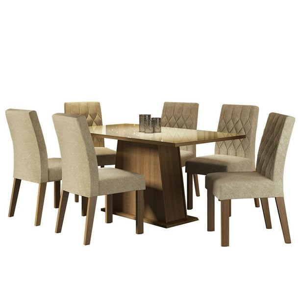 Conjunto Comedor Mesa Cristal 6 Sillas Stéfani Madesa - Marrón/Crema/Imperial Madesa Rectangular