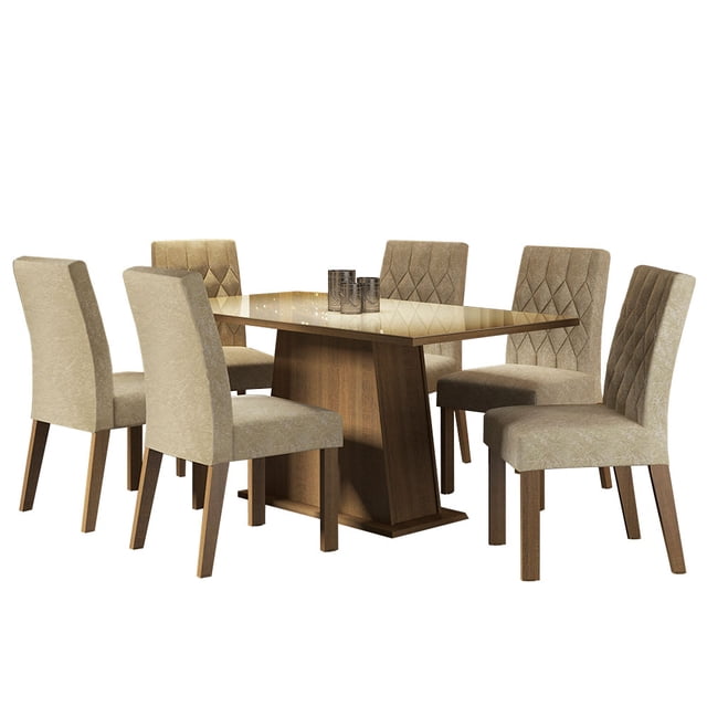 Conjunto Comedor Mesa Cristal 6 Sillas Stéfani Madesa - Marrón/Crema/Imperial Madesa Rectangular
