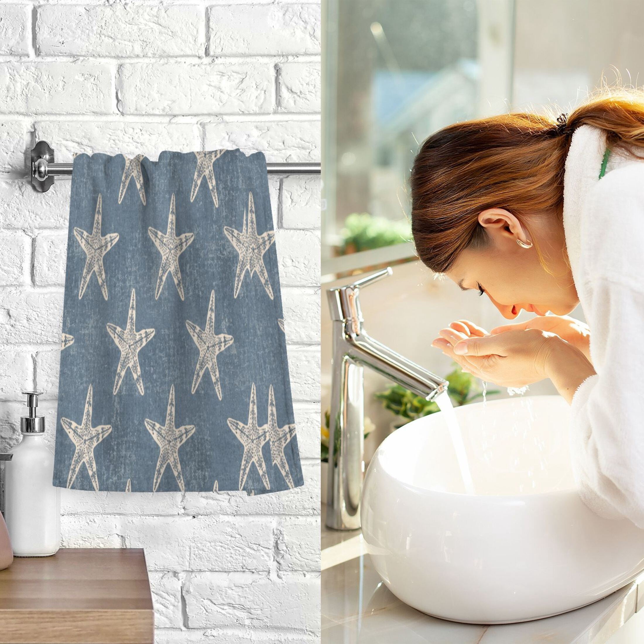 2 Pack 100% Cotton Towels Soft Absorbent Towel Set for Bathroom Beach Sports 16x28in Retro Coastal Starfish Design