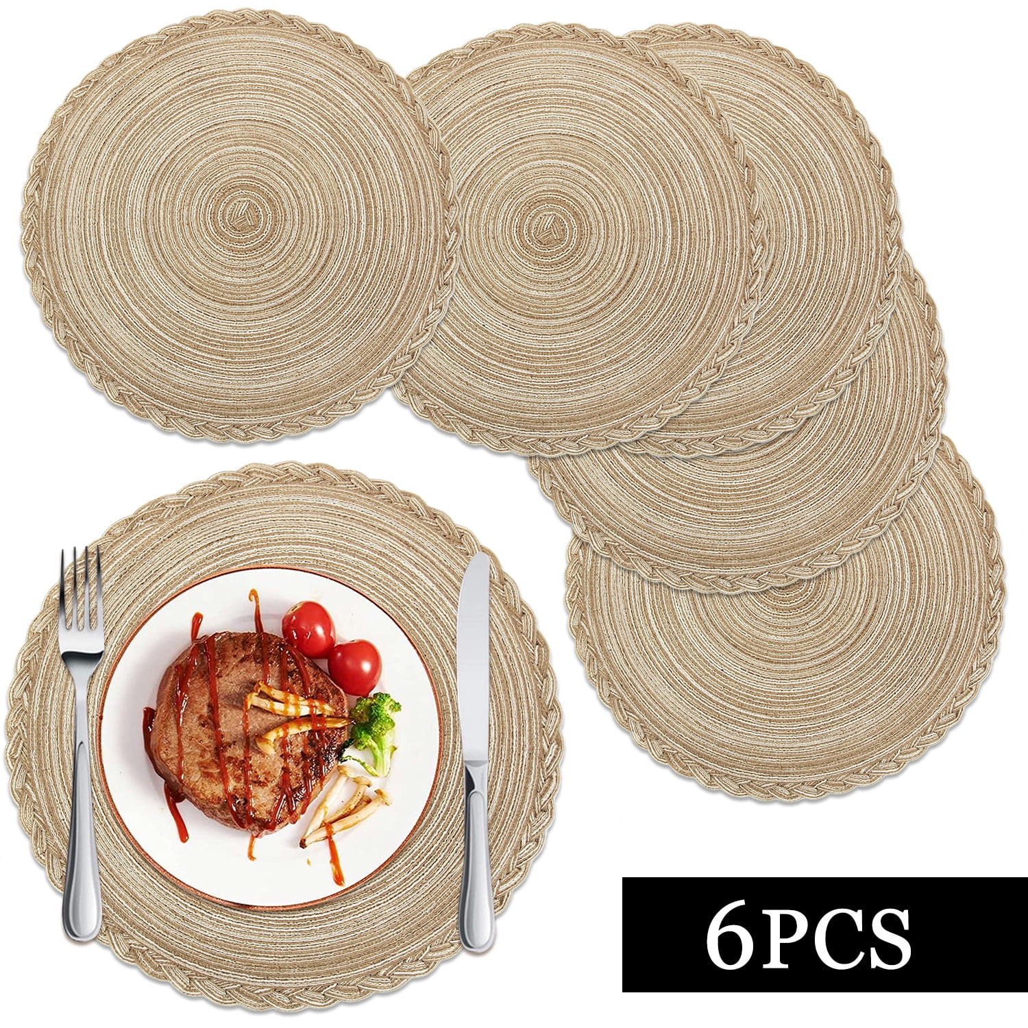 Braided Placemats for Dining Table Set of 6 Round 15 inch Woven Heat