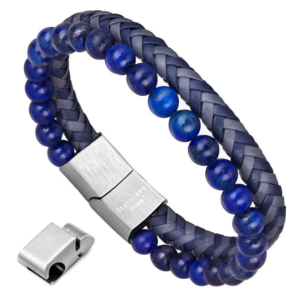 murtoo Mens Leather Bracelet, Natural Bead, Steel and Leather Bracelet for Men Women Father's Day Valentine's Day Christmas Gift