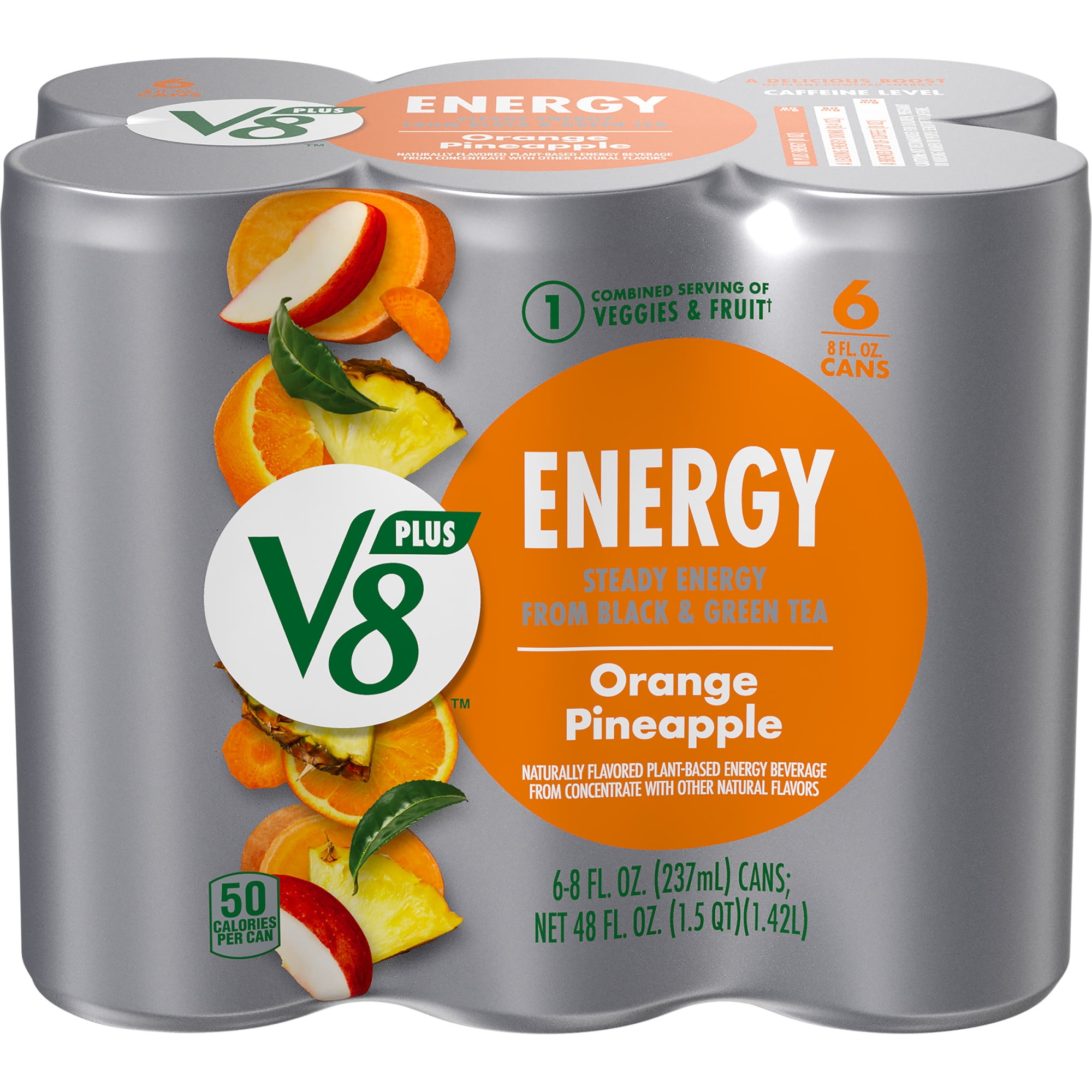 V8 +ENERGY Orange Pineapple Energy Drink, 8 FL OZ Can (Pack of 6)