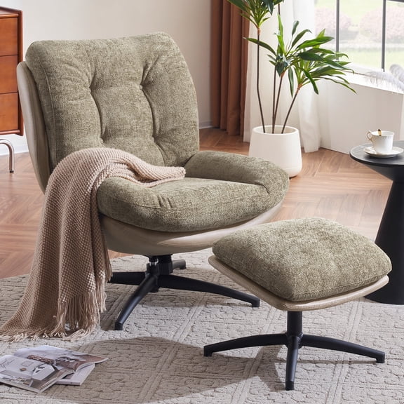 WACASA Swivel Accent Chair with Ottoman, 360° Swivel Rocking Chair, Oversized Reading Chair for Bedroom, Chenille Lounge Chair for Living Room, Flaxen