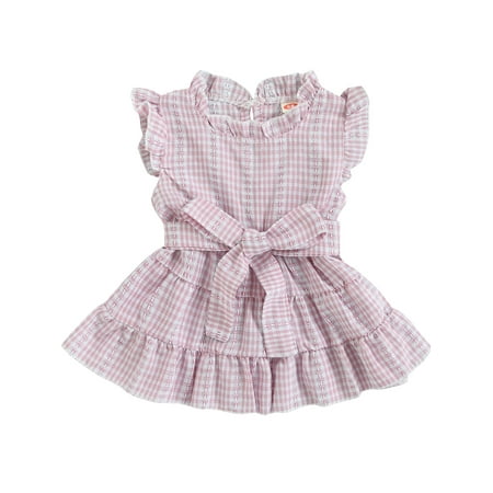 

Sunisery Newborn Baby Girls Flying Sleeve Dress Plaid Ruffled Summer A-Line Dress Waist Belt Sundress Pink 0-6 Months