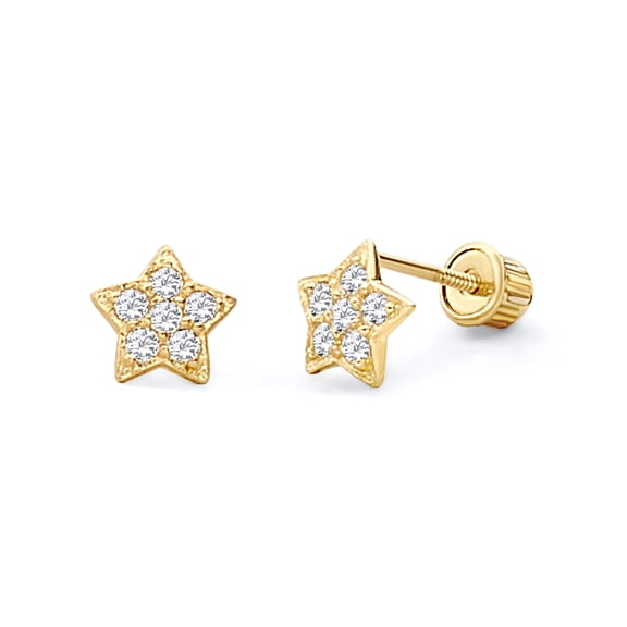Wellingsale 14K Yellow Gold Polished Star Stud Earrings With Screw Back
