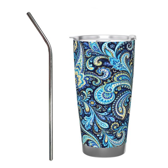20oz Blue Gold Paisley Floral Insulated Tumbler with Handle and Straw Travel Cup Car Cup with Stainless Steel Straw