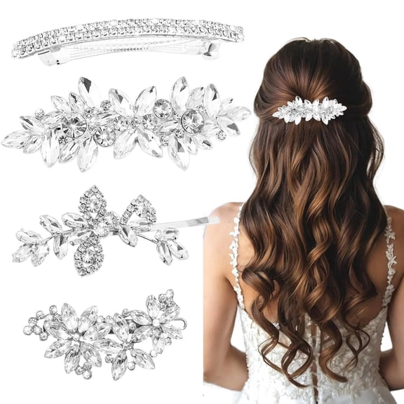 4 Pcs Rhinestone Hair Clips Silver Bridal Barrettes for Women, Crystal Flower Accessories for Wedding Party Everyday Styling
