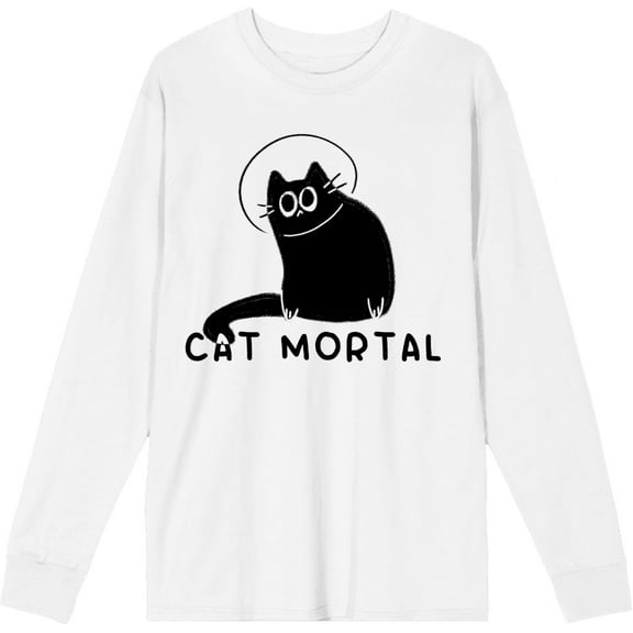 Black Cartoon Helmet Cat Adult White Crew Neck Long Sleeve Tee-Medium