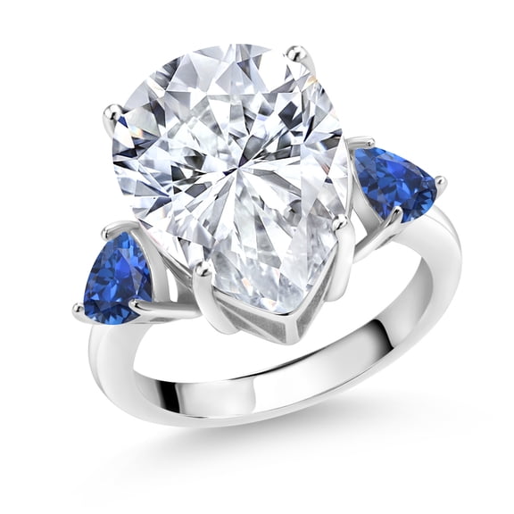 Gem Stone King 925 Sterling Silver Blue Created Sapphire Ring Set with Moissanite (10.25 Cttw) (Size 8)