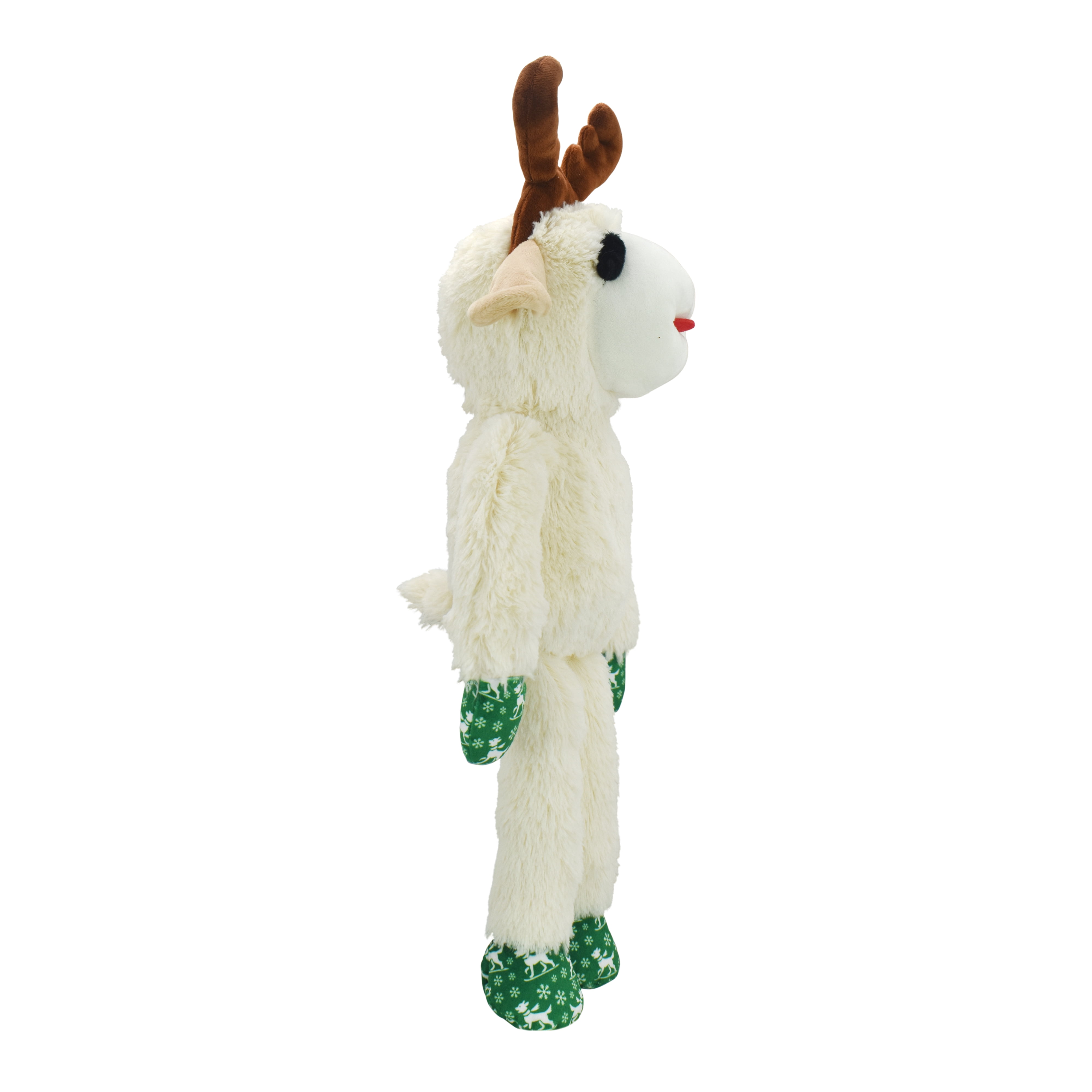 Multipet Plush Jumbo Holiday Lamb Chop Reindeer Dog Toy, Squeaker, Green and White Holiday Pattern Paws with Reindeer Antlers, 21"