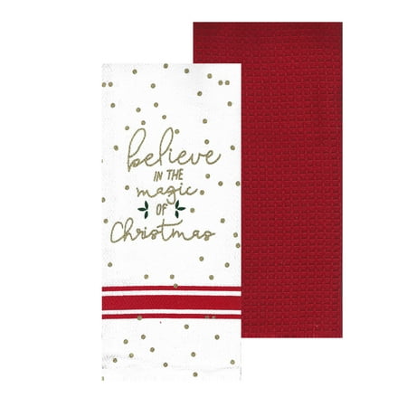 

Nidico 2-Piece Christmas Towels Believe in Magic Woven and Solid Red Waffle