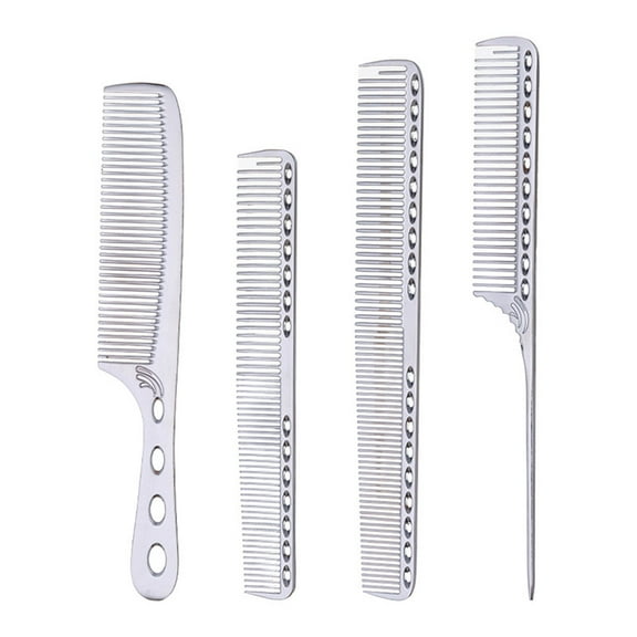 4 Types Metal Hair Styling Comb Set: Aluminum Cutting Combs,Tail Comb,Detangling Combs,and Handle Combs for Barbers