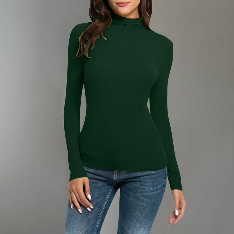 Hfyihgf Women s Mock Turtleneck Long Sleeve Pullover Tops Slim Fit Basic Stretchy Lightweight Layer Soft T Shirts Green M Walmart
