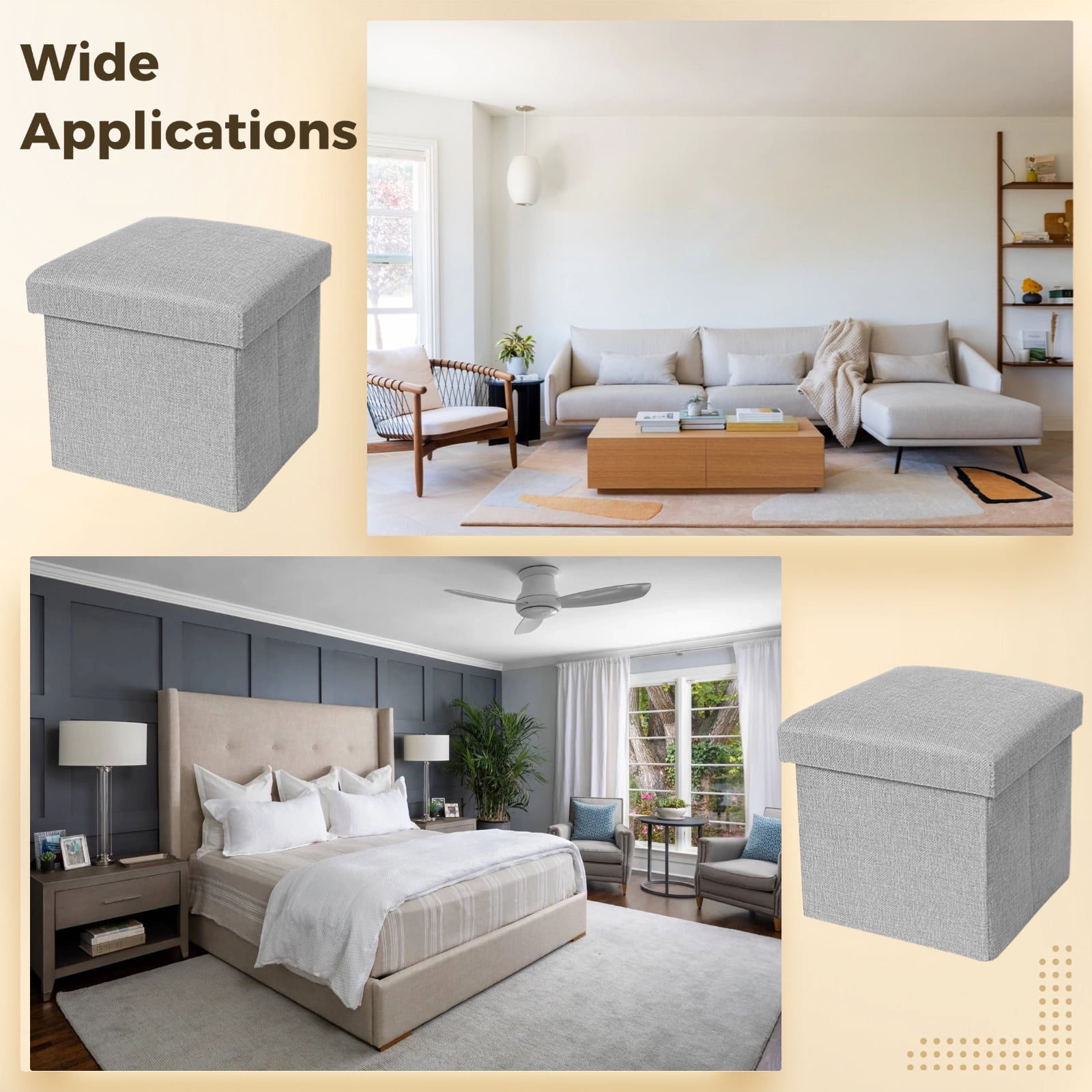 2 Pcs Storage Box, Foldable Cotton Linen Organizer Ottoman, Multi-Purpose Cube for Photos, Keepsakes, Greeting Cards, Household Items, Grey, 10 x 10 x 10 in