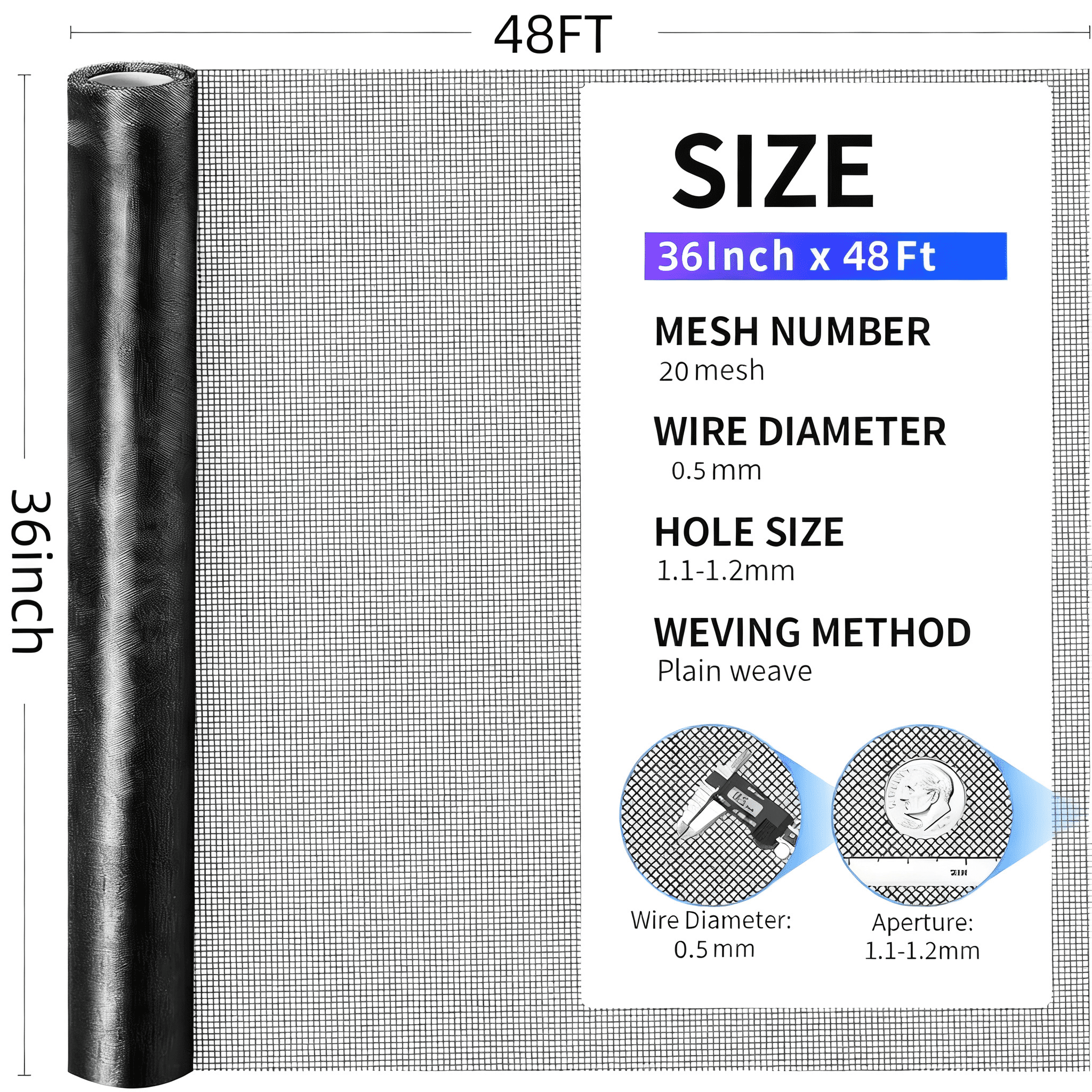 36 in × 48 ft 304 Stainless Steel Window Screen Roll, Black High-Transparency Metal Mesh, Rustproof DIY Replacement for Windows Doors Patio Porch