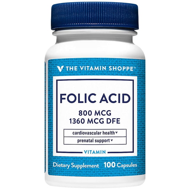 Suplemento de ácido fólico The Vitamin Shoppe, 800 mcg, 100 cápsulas