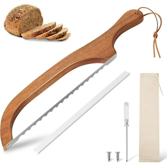 SONGAUN Bread Slicer for Homemade Bread,16" Wooden Bow Knife Serrated Slicer, Premium Stainless Steel Serrated Saw Sourdough Cutter for Bagels Baguettes, Screwdrive & Guard