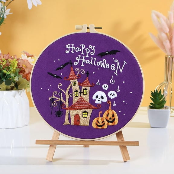Embroidery Starter Kits with Halloween Castle Pattern and Instructions, Plastic Embroidery Hoops,Color Threads and Needles,Embroidery Kit for Home Decor(LE118)