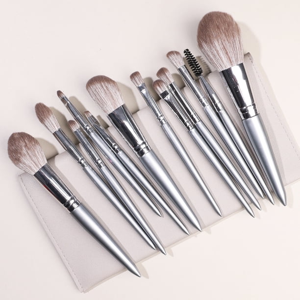 Nvzi Juego de 12 brochas de maquillaje para base, polvos, correctores, sombras de ojos, rubor y brochas de maquillaje plateadas con bolsa de almacenamiento gris