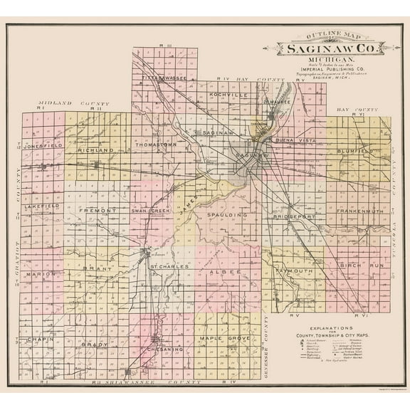 Historic County Map - Saginaw County Michigan - Imperial 1896 - 23 x 25.00 - Vintage Wall Art