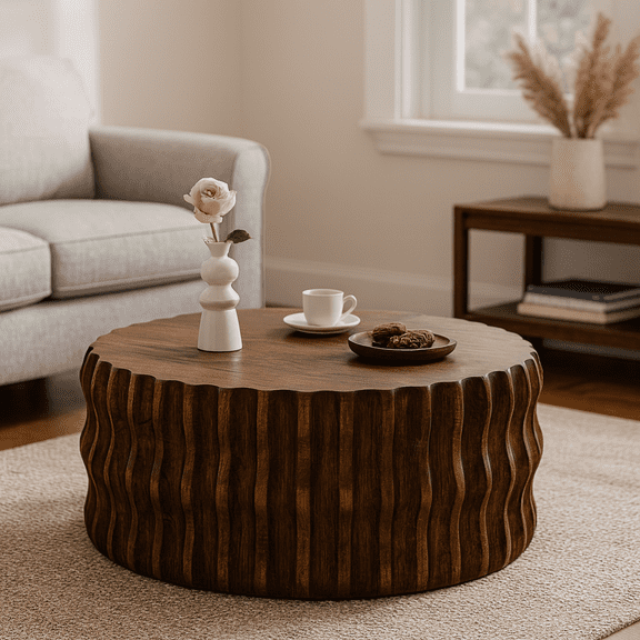 Drum Fluted Modern Round Coffee Table, Mid Century Circle Center Coffee Tables with Sturdy Pedestal, for Bedroom Apartment Living Room Farmhouse.