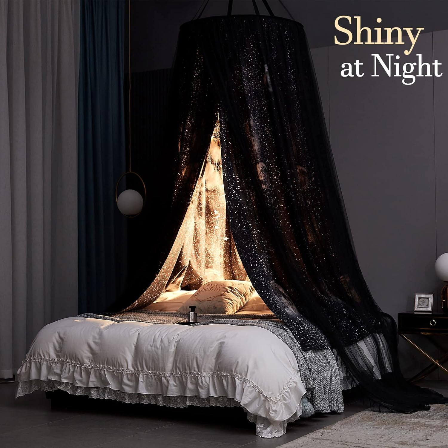 Gorgeous Moon Printed Bed Canopy for Girls & Adults, Room Decorative Cozy Bed Curtain Canopy Drapes, Round Dome Luxurious Lace Princess Canopies Mosquito Netting (Print Moon)