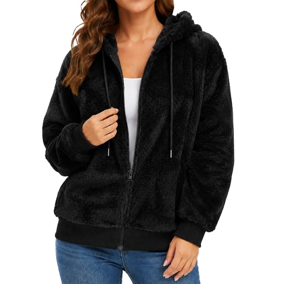 FEOYA Women's Fuzzy Fleece Jacket Hooded Zip Up Coat Soft Plush Sherpa Hoodie Long Sleeve Warm Winter Outerwear L Black