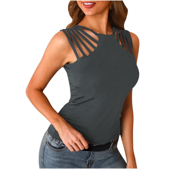 Pompotops Mode Femme Décontracté Slim Uni Col Rond Sexy Sans Manches Gilet Ajouré