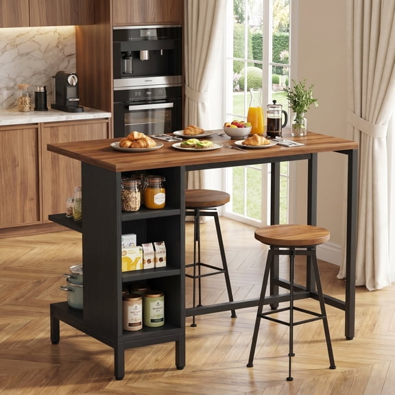Fnova 43" Kitchen Prep Table with Storage, Butcher Block Island with Large Worktop, Bar Table for Bistro, Rustic Brown (Stools Not Included)