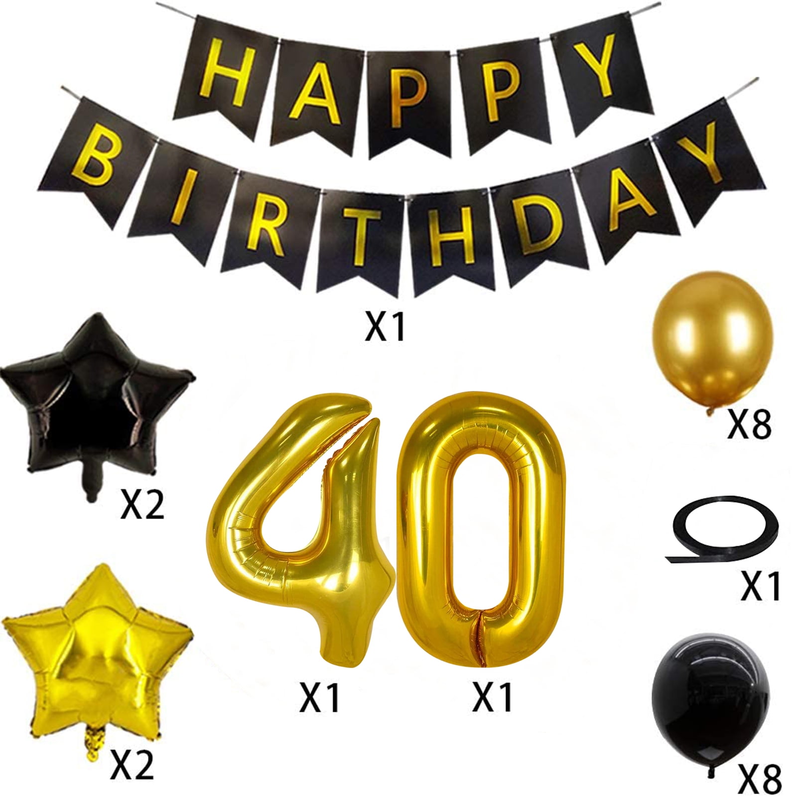 40th Birthday Decorations Kit, Large Number 40 Balloons, Black and Gold Happy Birthday Banner with Latex and Star Balloons, 40 Birthday Balloons Set Party Supplies, 24 Pack