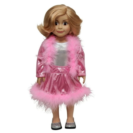 Pink Sparkle Ice Skating Dance Doll Outfit with Silver Sparkly Shoes, Clothes & Accessories for 18 Inch Girl Dolls