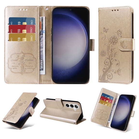 For Samsung Galaxy A54 5G Case Wallet, Stylish Flower Butterfly Embossed PU Leather Flip Cover Stand Shockproof Cards Slots Hand Wrist Phone Case for Samsung Galaxy A54 5G, Gold
