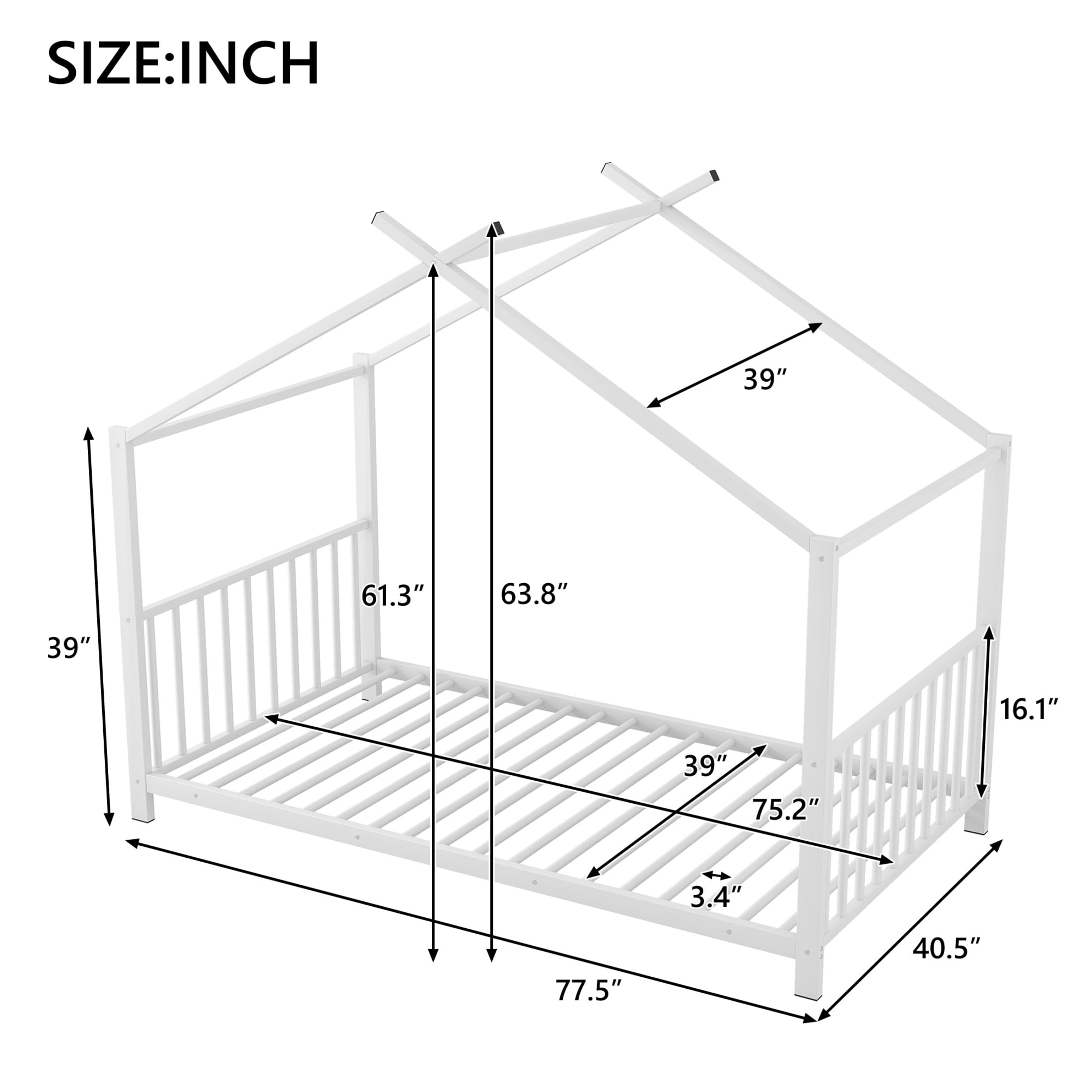 Noble House Ella Twin Metal House Bed, Modern Minimalist Playhouse Bed Frame with Wood Slats, for Kids, White