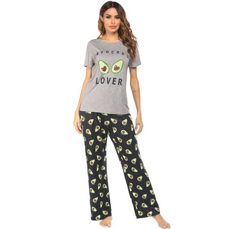 

Clearance!Pajama Suit For Ladies Shortsleeved Pyjama Avocado Printed Home Wear Solid Color Pajama Set
