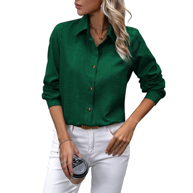 Camisas con Botones para Mujer, Blusas de Larga, Blusas Casuales Lisas para Oficina y Trabajo Verde Oscuro S