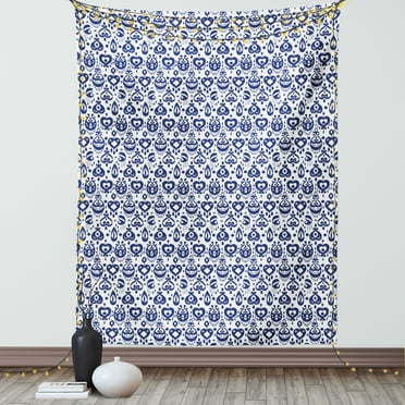Navy Blue Tapestry, Traditional Asian Ikat Pattern Artistic Retro Style Composition Damask Inspired, Wall Hanging for Bedroom Living Room Dorm Decor, 60W X 80L Inches, Blue White, by Ambesonne