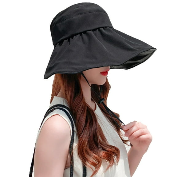 Prolriy Sun Hats for Women, Women's Empty Top Sun Hat Summer Leisure Travel Anti Large Eaves Black Rubber Fisherman Hat Beach Hats for Women Black