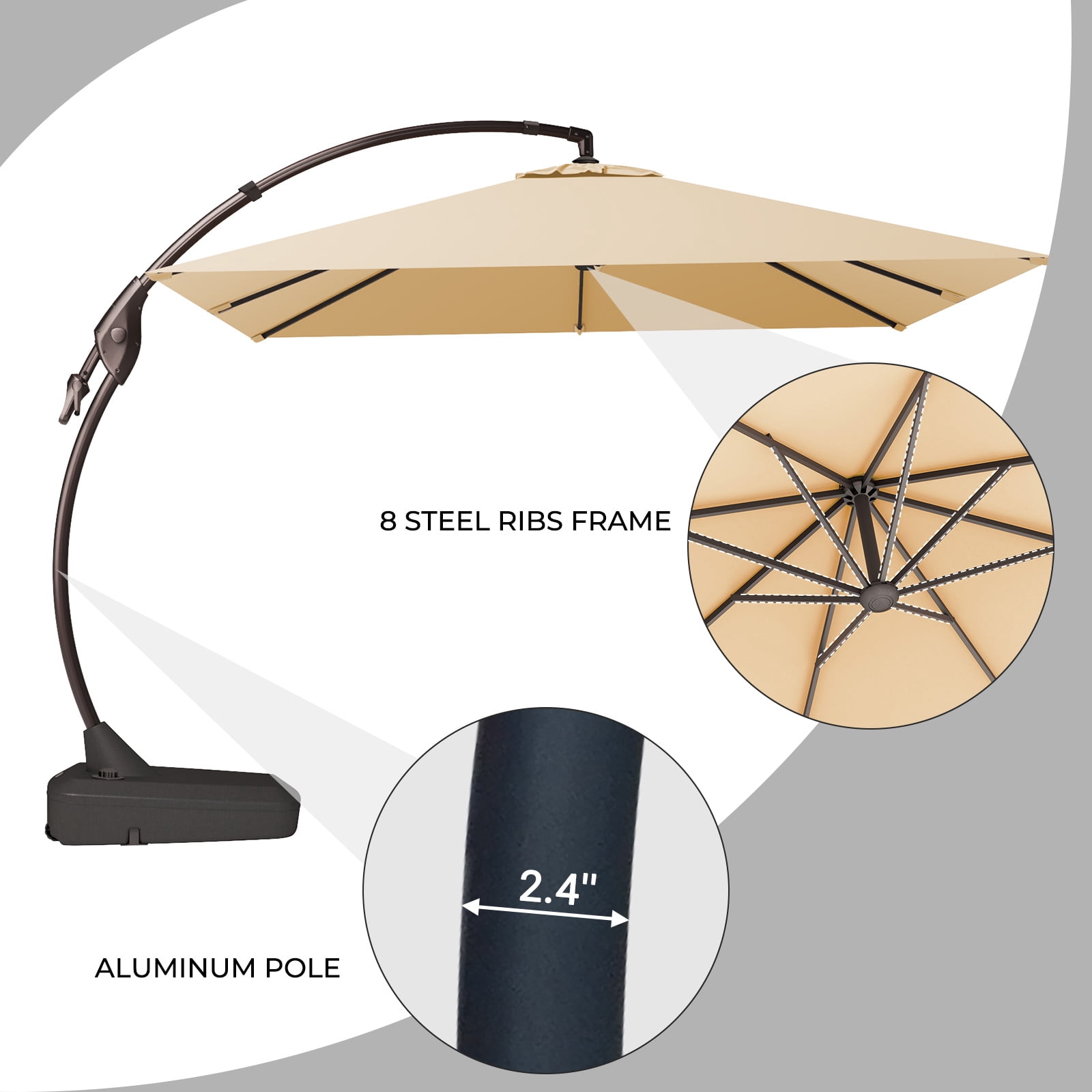 Grand Patio x SUNBRELLA 10 ft Square Patio Umbrella Deluxe Curvy Aluminum Offset Umbrella, Outdoor Cantilever Umbrella w/ Base, Canvas Flax
