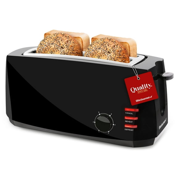 Elite Gourmet ECT4829B Tostadora de 4 rebanadas con ranura larga, 6 configuraciones de tostado, funciones de descongelación, recalentamiento, cancelación, bandeja para migas deslizable, ranuras extra