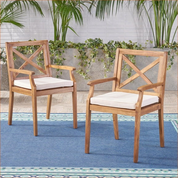 Outdoor Dining Chairs | 2 Pack Classic Solid Wood, 2 Cream Cushions, Patio Backyard Poolside Garden | Cream | Acacia Wood