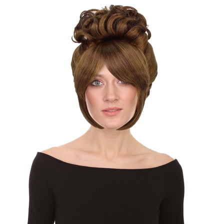 HPO Adult Women’s Dark Brown Beehive Wig with Light Brown Highlights, Perfect For Halloween, Flame-retardant Synthetic Fiber