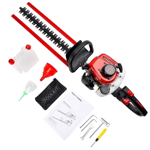 26cc 2-Cycle Gas Powered Hedge Trimmer, double sided blade 24", recoil gasoline trim blade, Fast charger Red&Black