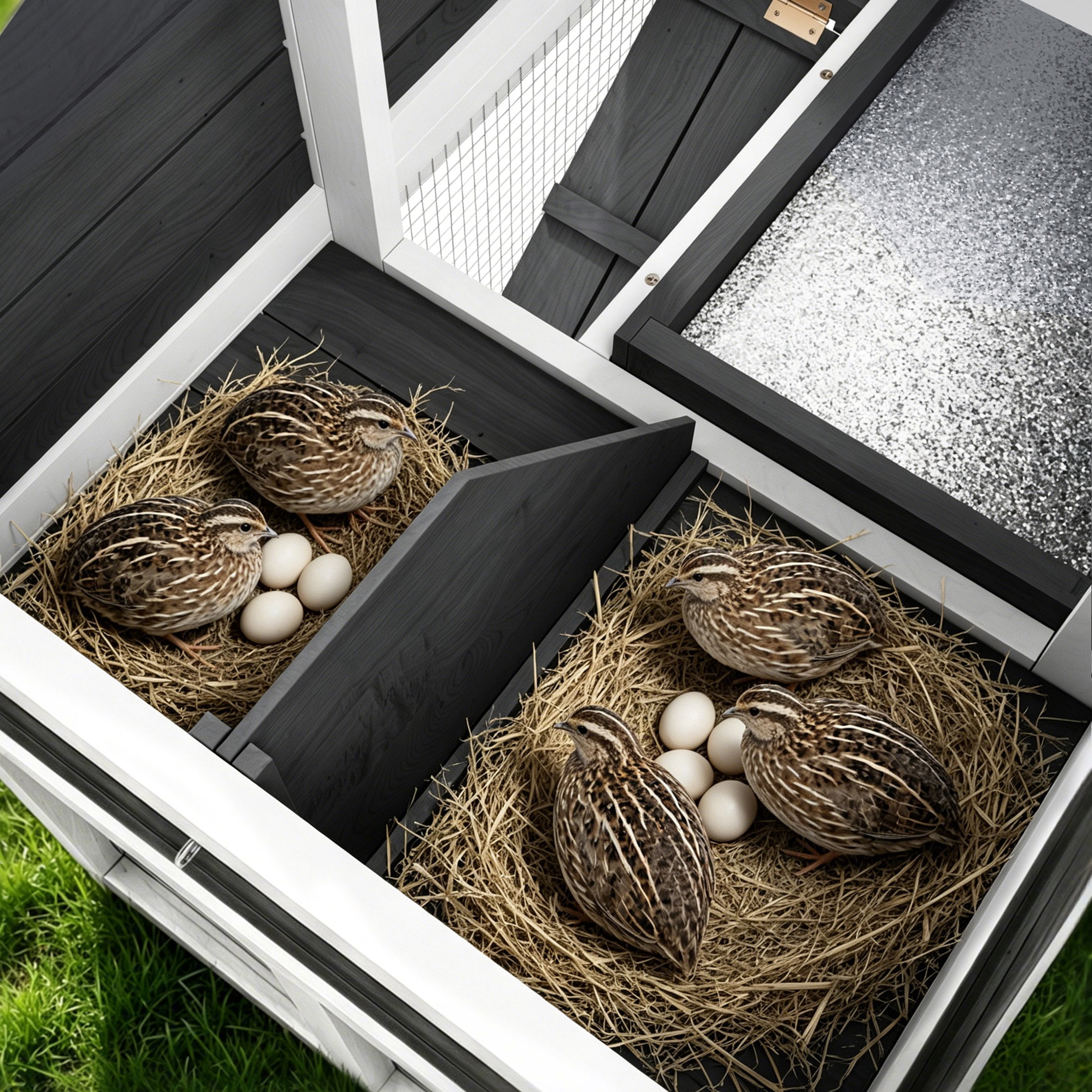 Outdoor Weatherproof 2-Tier Quail Cage with Pull Out Tray & Open Roof, Suitable for 6 Quails, Black & White