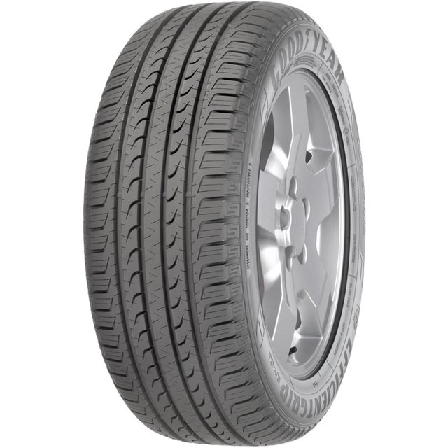 llanta 215/55r17 goodyear efficientgrip suv 94v 3/4 frontal de llanta negra en rin 17, muestra la banda de rodadura optimizada con cuatro surcos longitudinales y bloques asimétricos; costado con la marca Goodyear legible. Ideal para uso en carretera y urbano, también adecuada para montaje en SUV compactos.