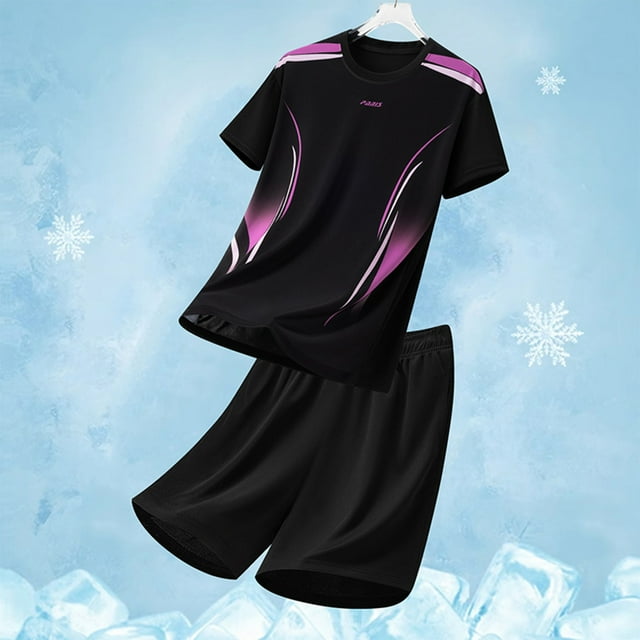 Handshe Men's Summer Casual Solid Color Short - Sleeved Round Neck Elastic Waist Set, Polyester Fashion Two - Piece Outfit
