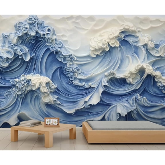 Relief Blue Sea Waves Wall Mural, Abstract Oil Painting Art Wallpaper, Nordic Style Custom Photo Wallpaper Wall Decals For Bedroom Living Room Home Decor 59"W x 39.4"H (Not Peel and Stick)