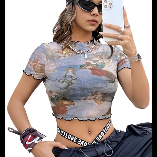Top Corto de con Estampado para Mujer, Corta, Cuello Alto, Ajustado, con Ribete en Forma de Lechuga, Transparente, para Salir Azul Mar XXL