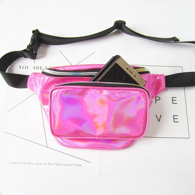 Sac Banane Holographique Sacs Ceinture Sac de Taille Sac Banane Mignon pour Femmes Sac Banane Noir Brillant Sac Banane pour Enfants Sac Banane pour Filles Sac Banane Rave pour Voyage Festival Rave Randonnée (Rouge Rose)